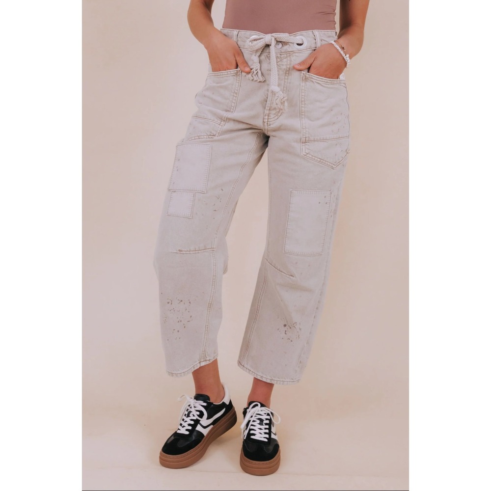 Free People We The Free Moxie Low Slung Barrel Jeans Tan Paint Splatter 8